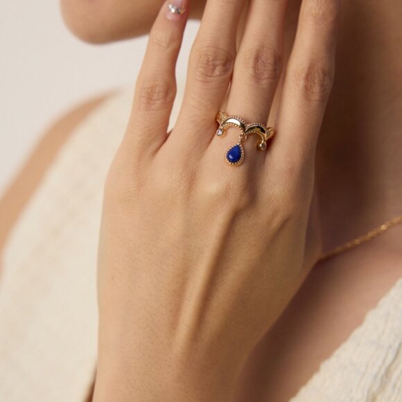 ✨ Artisan Original Lapis Lazuli Dangle Crown Ring | S925 Gold Adjustable - Picture 11 of 14